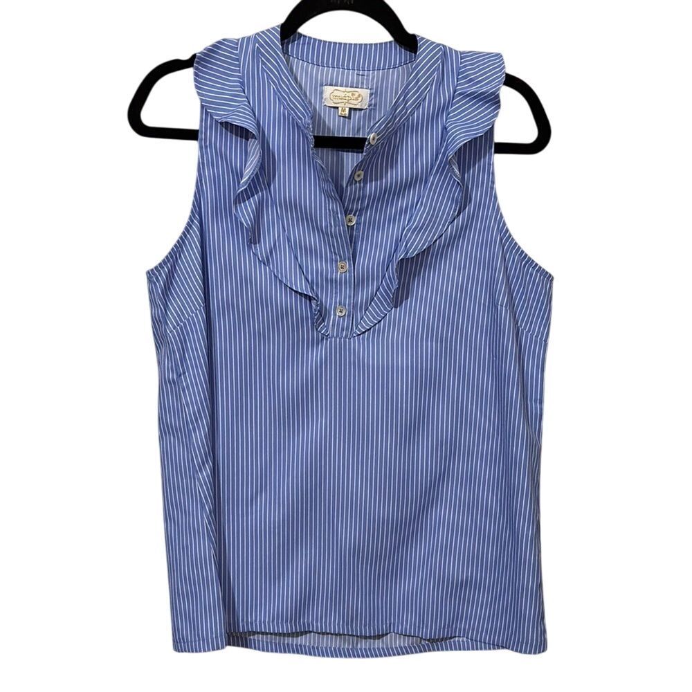 Mud Pie Carrie Ruffle Sleeveless‎ Top Blouse Shirt Blue White Stripe